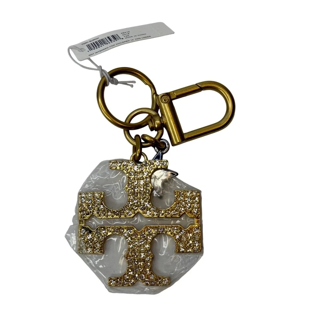 Tory Burch Miller Pave Crystal Logo Key Fob Bag Charm Gold Star NWT Chic Luxury